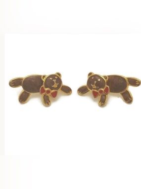 Vintage‎ Berebi Teddy Bear Enamel Post Earrings Gold Tone Red Bow Cute Animal